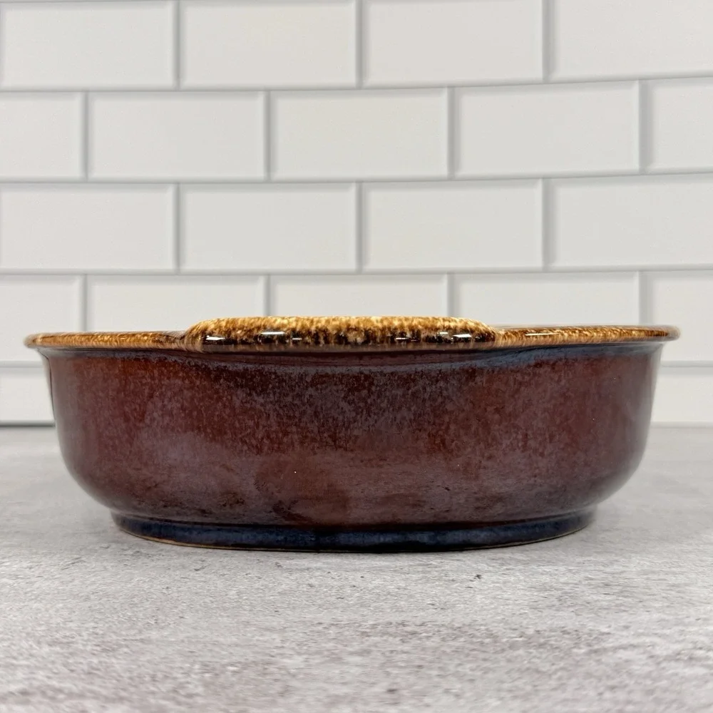 Hull Brown Drip Glaze Round Handled Stoneware Baking Serving Dish Vintage USA 9